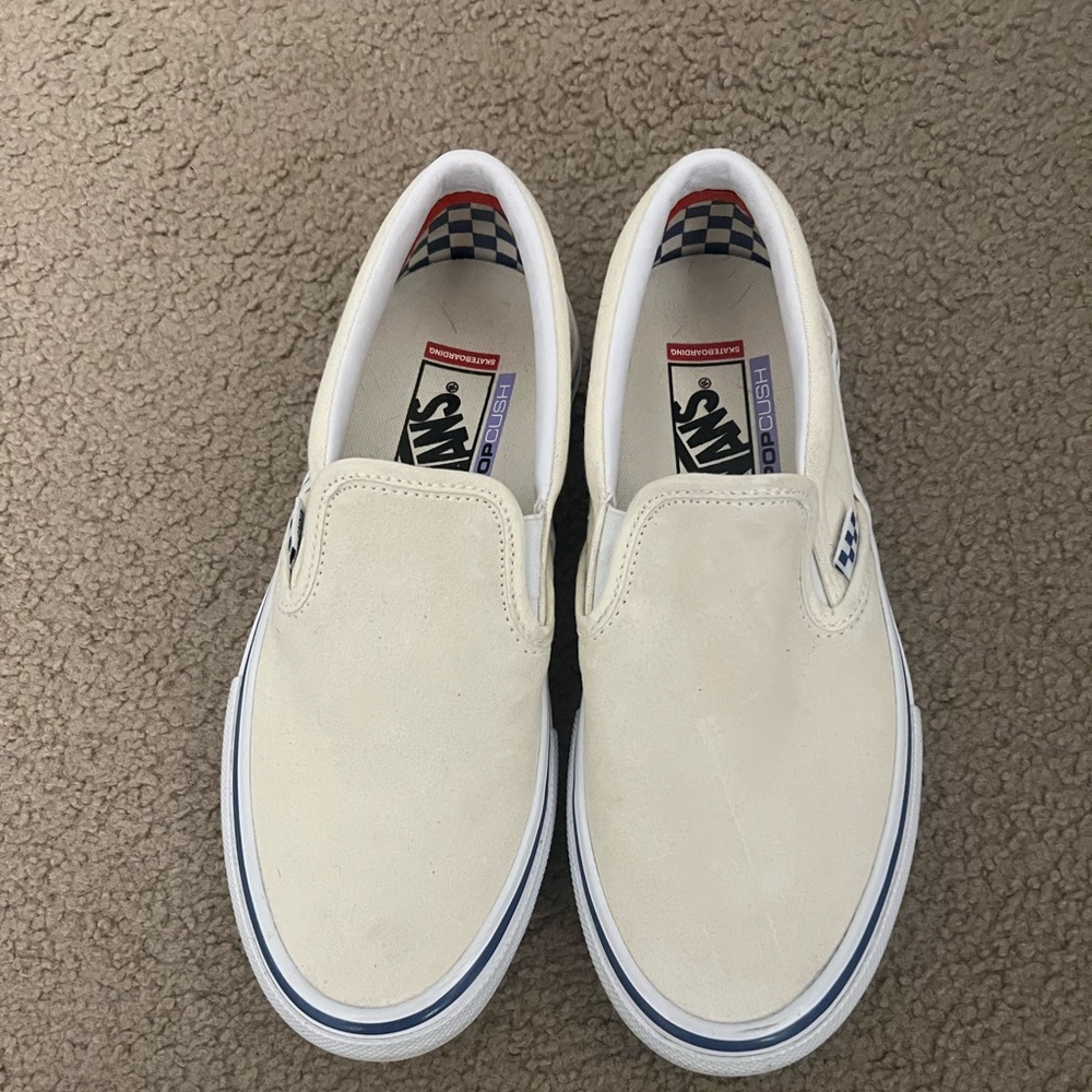 Slip on vans, cream and blue, excellent condition
